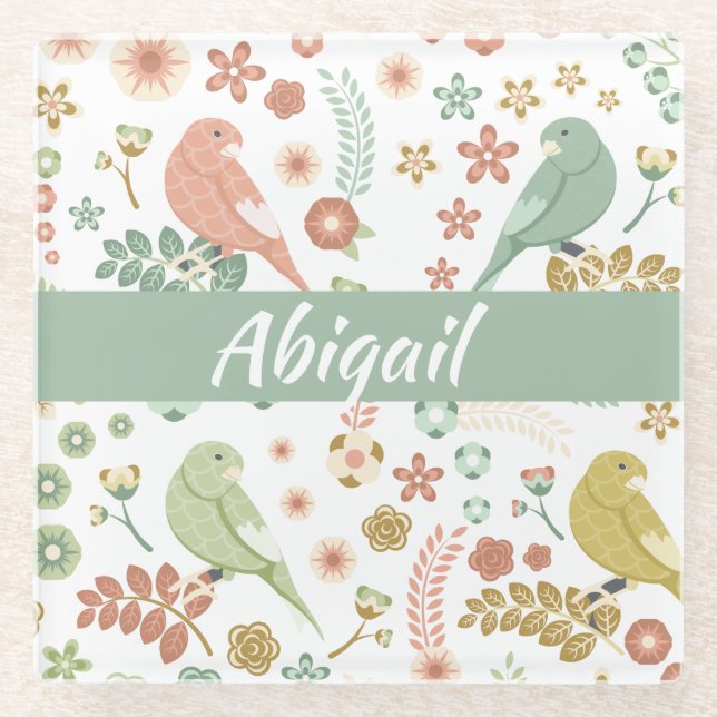 Shabby Birds & Branches Personalised Glass Coaster (Front)