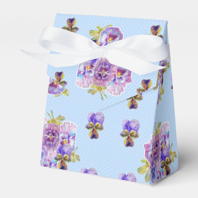 Shabby Blue Pansy Floral Dot Party Cake Favor Box (Front Side)