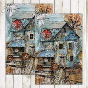 SHABBY BLUE TRAIN STATION MIXED MEDIA DECOUPAGE TISSUE PAPER