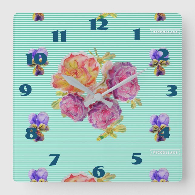 Shabby Chic Aqua Roses Rose Floral Room Turquoise Square Wall Clock (Front)
