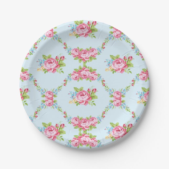 Shabby chic,baby blue,red roses,victorian,floral,p paper plate (Front)