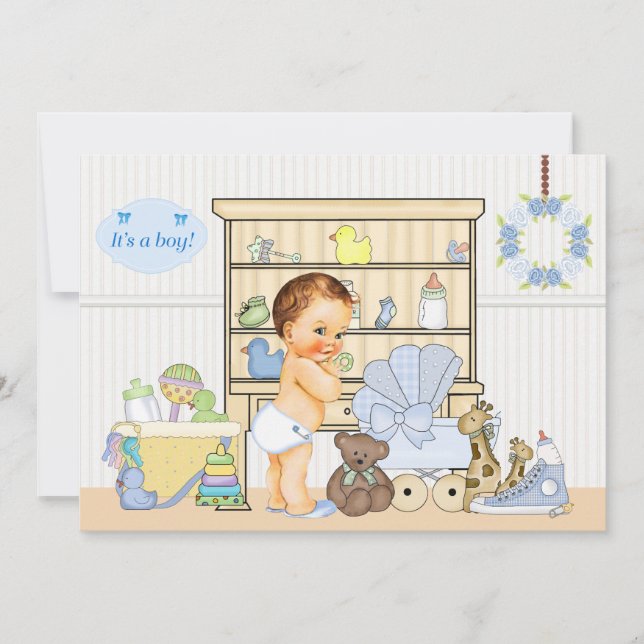 Shabby Chic Baby Boy Blue Baby Shower Invitation (Front)