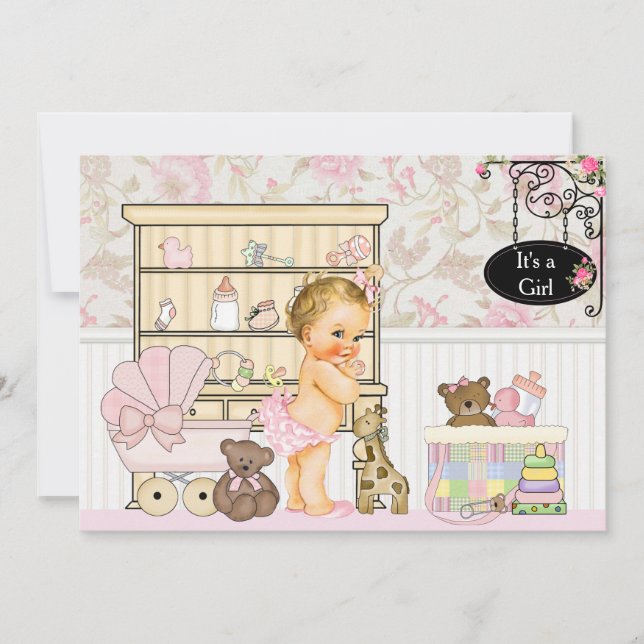Shabby Chic Baby Girl Pink Baby Shower Invitation (Front)