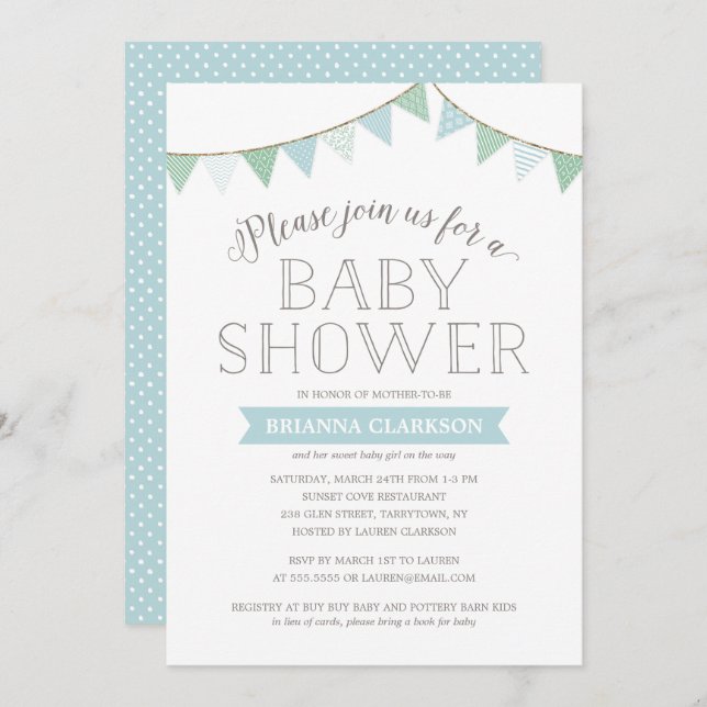Shabby Chic Banners Blue | Baby Shower Invitation (Front/Back)