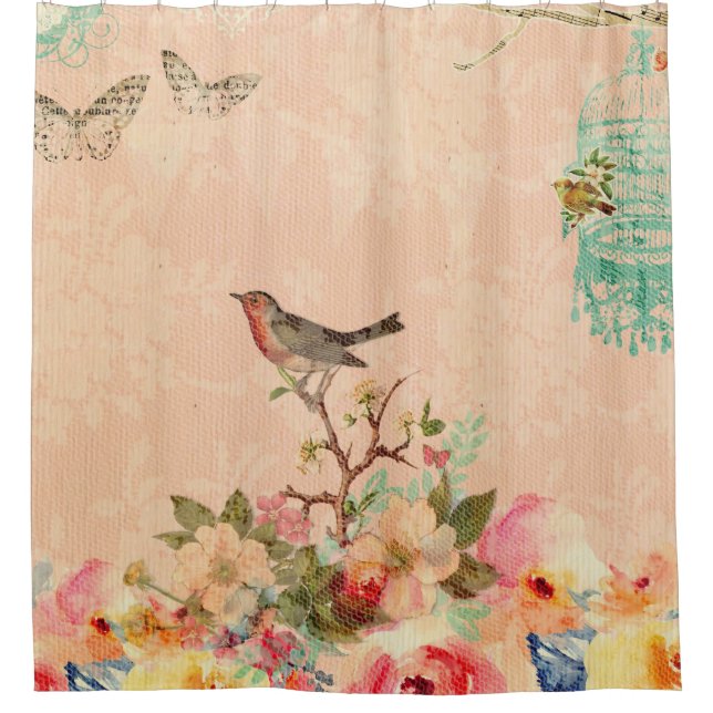 Shabby chic, bird,butterfly,lace,floral,country ch shower curtain (Front)