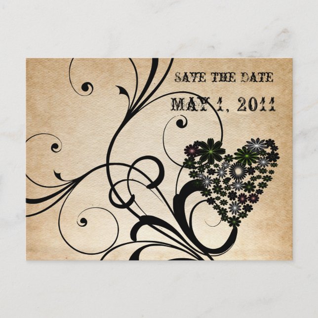 Shabby Chic Black Heart Save the Date Announcement Postcard (Front)