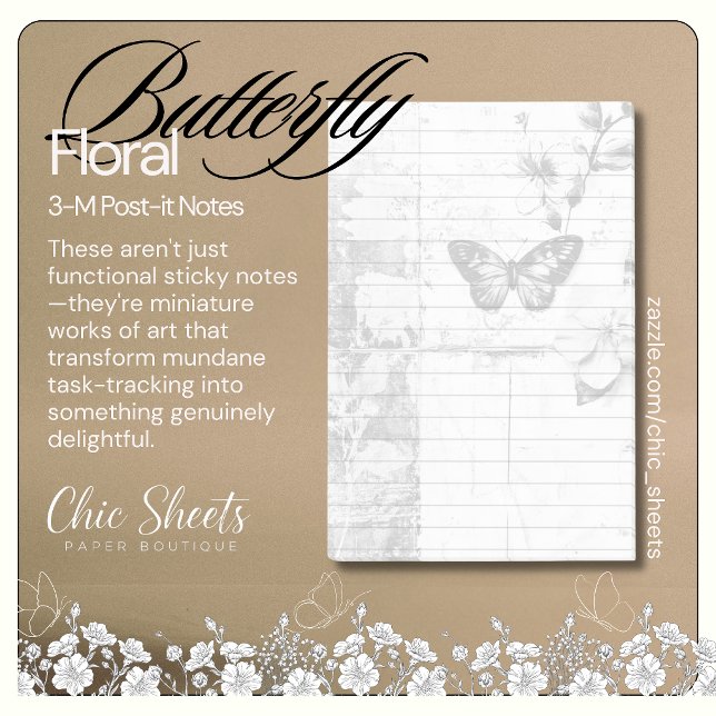 Shabby Chic Black & White Butterfly Floral 3M  Post-it Notes (Creator Uploaded)