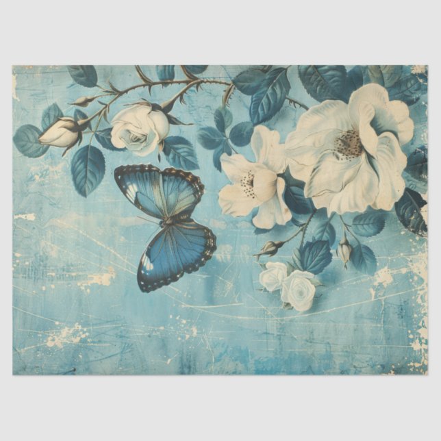 Shabby chic blue butterfly & blush roses tissue paper (Front)