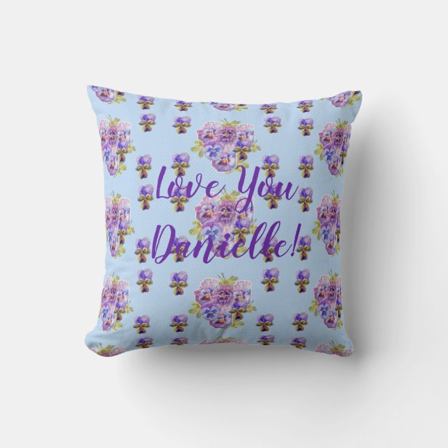 Shabby Chic Blue Floral Love You Girl Name Cushion (Front)