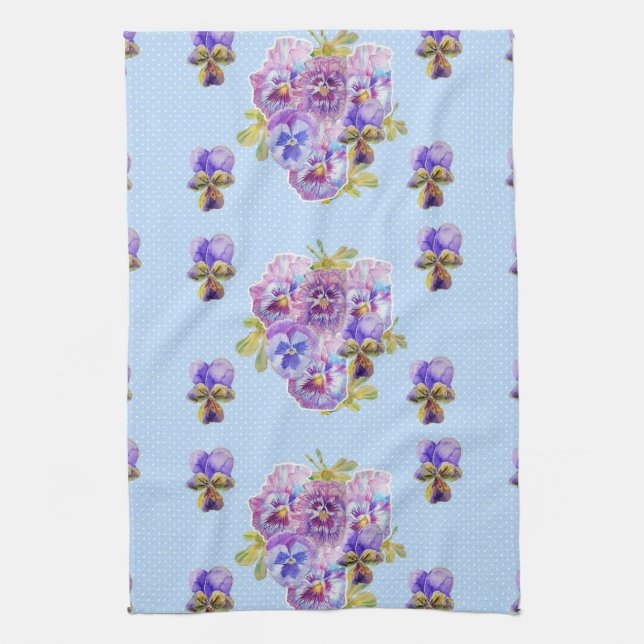 Shabby Chic Blue Pansy Floral Dot Tea Towel (Vertical)