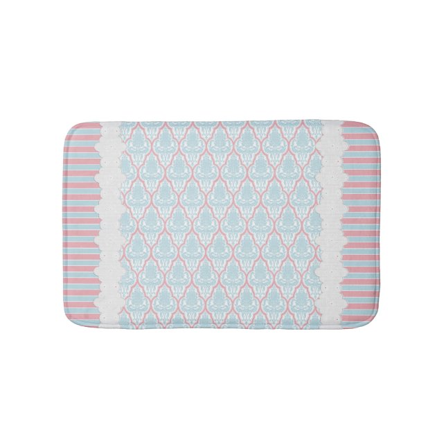 Shabby Chic Blue & Pink Damask Bath Mat (Front)