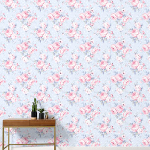 Shabby Chic Blue Pink Rose Pattern Wallpaper