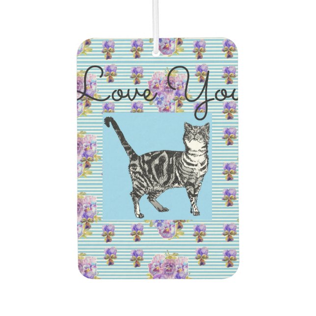 Shabby Chic Blue Stripe Tabby Cat Love Heart Car Air Freshener (Front)