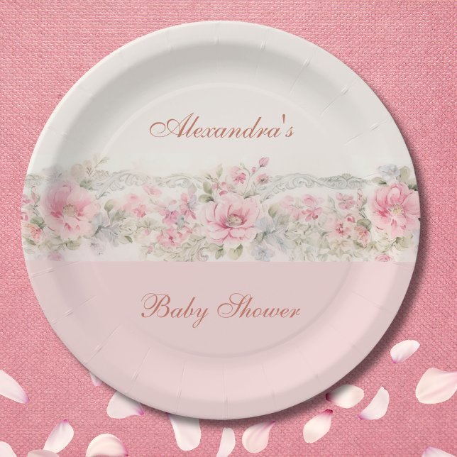 Shabby Chic Blush Pink Floral Baby Shower Paper Plate (Creator Uploaded)