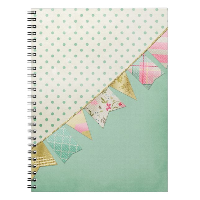 Shabby Chic Boutique Bunting in Pink, Mint & Gold Spiral Notebook (Front)