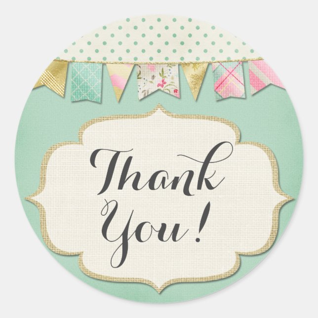 Shabby Chic Boutique Bunting in Pink Thank You Classic Round Sticker (Front)
