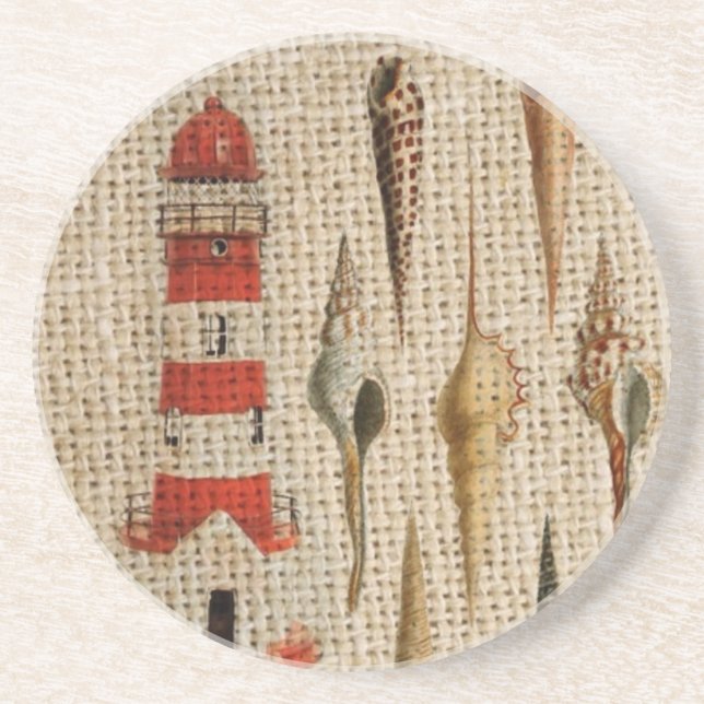 shabby chic burlap coastal seashell lighthouse coaster (Front)