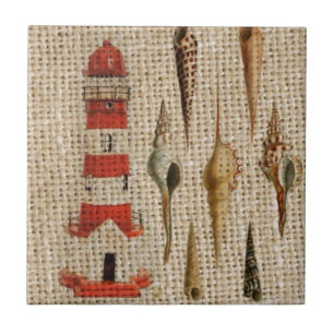 shabby chic burlap coastal seashell lighthouse tile