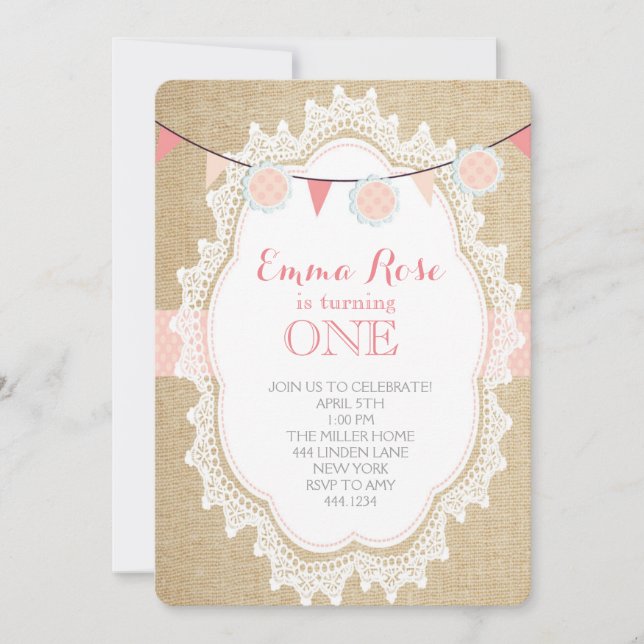 Shabby Chic Burlap Pink Birthday Invitations (Front)