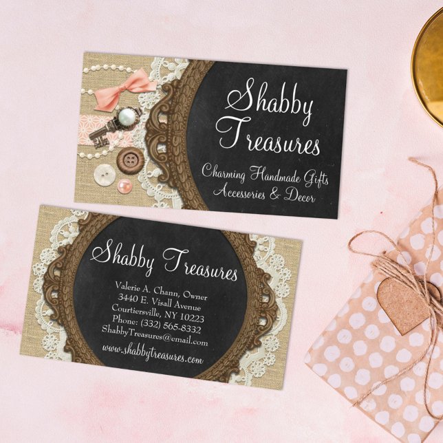 Shabby Chic Chalkboard, Rustic Burlap & Coral Bow Business Card (Creator Uploaded)