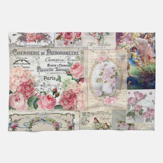 Shabby chic collage,country victorian,decoupage, b tea towel (Horizontal)