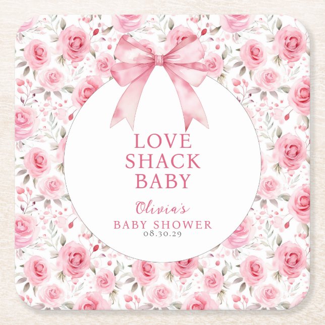Shabby Chic Coquette Pink Love Shack Baby Shower  Square Paper Coaster (Front)