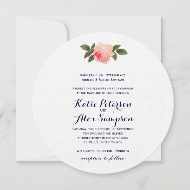 Shabby Chic Coral and Navy Blue Wedding Invitation (Front)