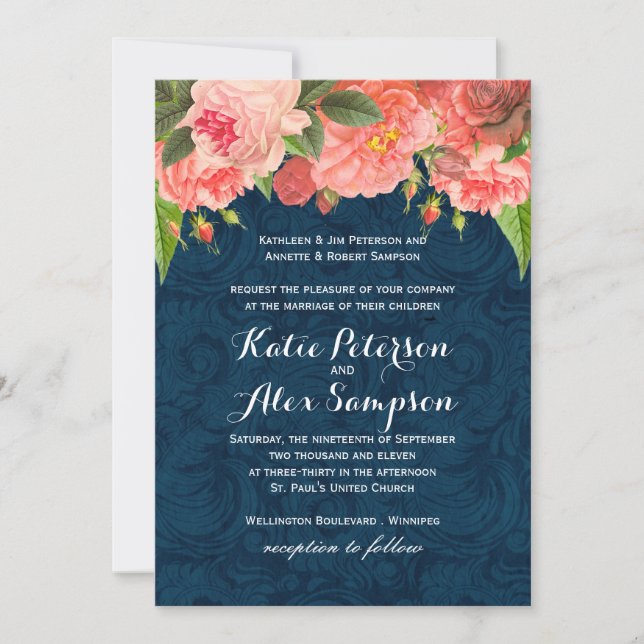 Shabby Chic Coral and Navy Blue Wedding Invitation (Front)