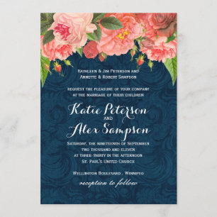 Shabby Chic Coral and Navy Blue Wedding Invitation
