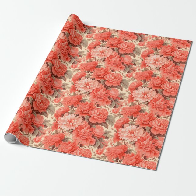 Shabby chic coral flowers wrapping paper (Unrolled)