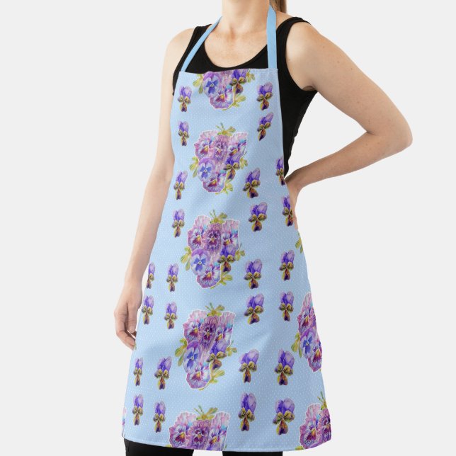 Shabby Chic Cottage Core Pansy floral Apron (Insitu)