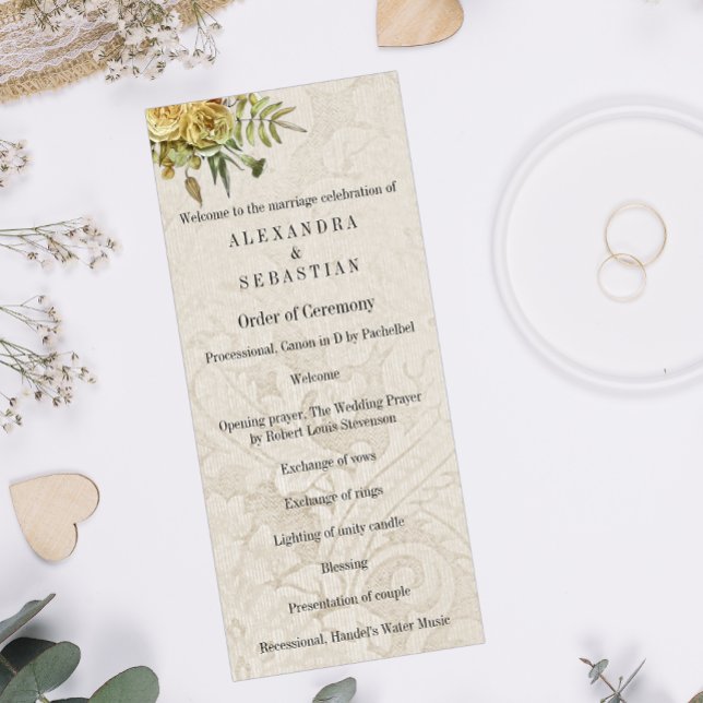 Shabby Chic Cream Damask and Yellow Floral Wedding Programme (Creator Uploaded)