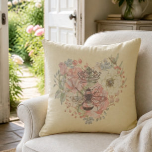 Shabby Chic Crown Bee Throw Pillow