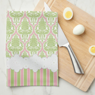 Shabby Chic Damask Green & Pink Tea Towel
