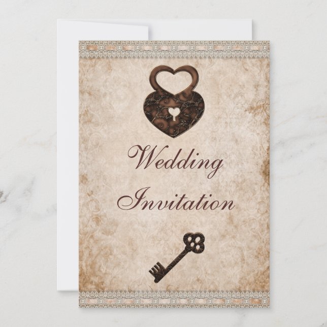 Shabby Chic Damask Hearts Lock and Key Wedding Invitation (Front)