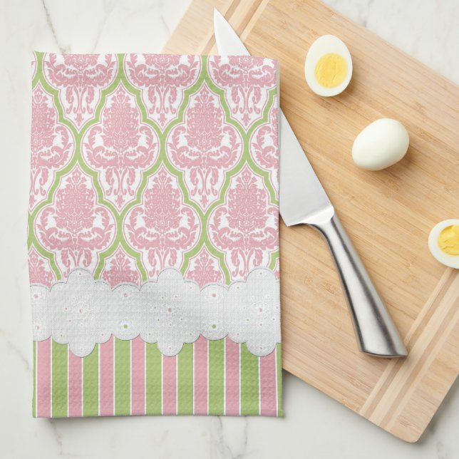 Shabby Chic Damask Pink & Green Tea Towel (Quarter Fold)