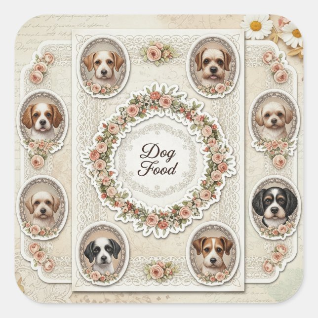 Shabby Chic. Dog Food, by Natasha Us   Square Sticker (Front)
