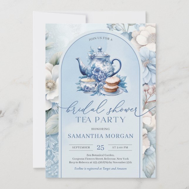 Shabby chic dusty blue and white Bridal tea party Invitation (Front)