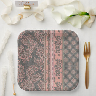 Shabby Chic Dusty Rose Pink Gray Damask Wedding Paper Plate