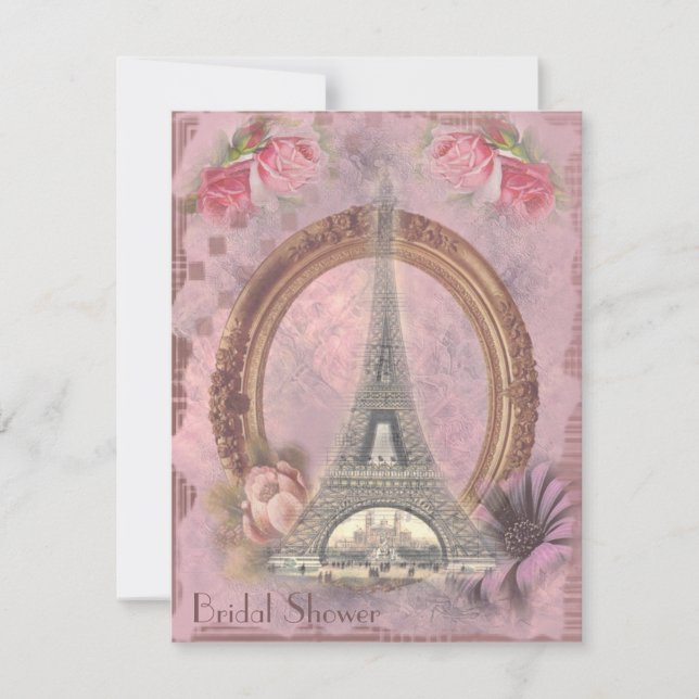 Shabby Chic Eiffel Tower Pink Floral Bridal Shower Invitation (Front)