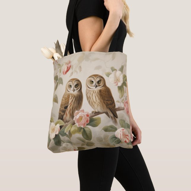 Shabby Chic Elegant Owls Tote Bag (Close Up)