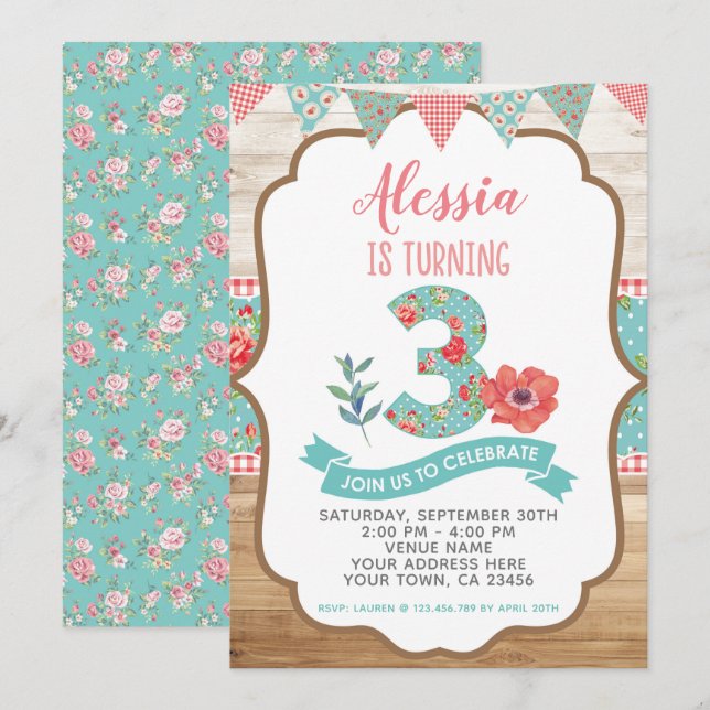 Shabby Chic Floral 3rd Birthday Invitation (Front/Back)