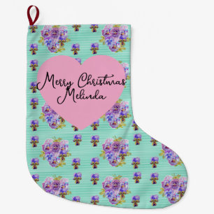 Shabby Chic Floral Aqua Christmas Girls Name Large Christmas Stocking