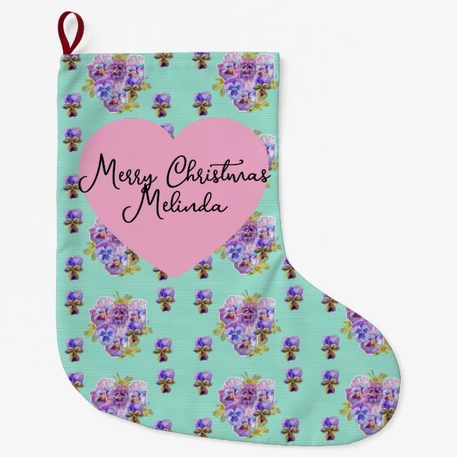 Shabby Chic Floral Aqua Christmas Girls Name Large Christmas Stocking (Front)