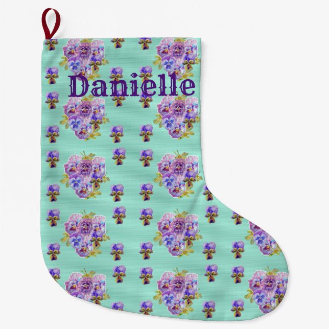Shabby Chic Floral Aqua Stripe Christmas Stocking (Front)