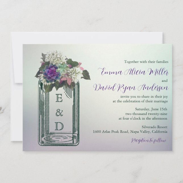  Shabby Chic Floral Ball Jar Monogram Wedding Invitation (Front)