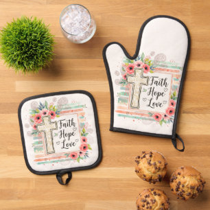 Shabby Chic floral Faith Hope Love Oven Mitt & Pot Holder Set