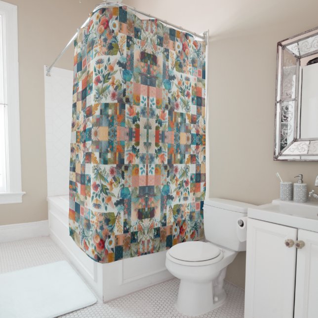 Shabby Chic Floral Faux Quilt Pattern Shower Curtain (In Situ)