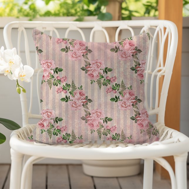 Shabby Chic Floral Grunge Stripes Pink Cushion (Creator Uploaded)