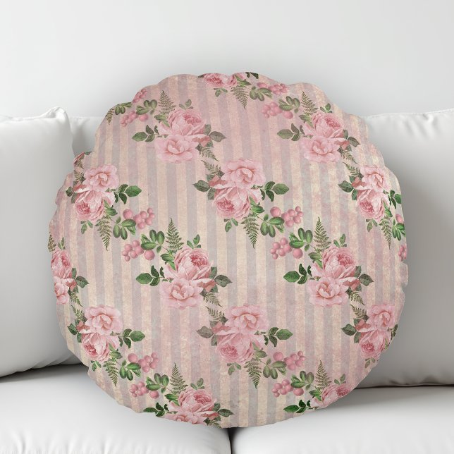 Shabby Chic Floral Grunge Stripes Pink Round Cushion (Creator Uploaded)